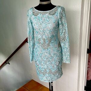 Aidan Mattox NWOT‎ Light Sky Blue and Silver Sequined Lined Mesh Dress Size 2